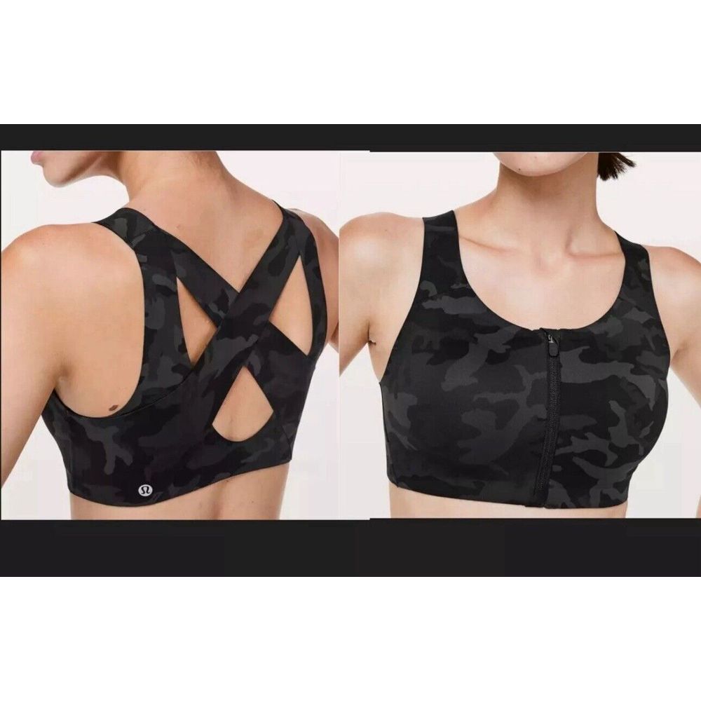 Lululemon Enlite Bra Size 36C Heritage 365 Camo Mini Deep Coal Zipper Front